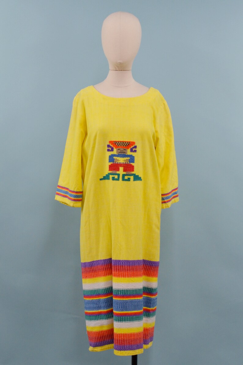 70s/80s Yellow Rainbow Guatemalan Embroidered Dress, Latin Maxi Dress, M/L image 2