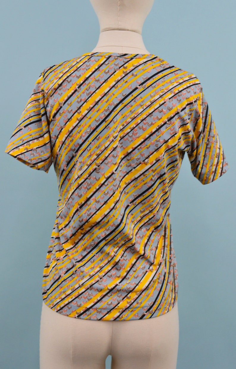 1970s Yellow & Gray Polyester Shirt, Vintage Geometric Design, Bohemian Hippie, Size Sm/Med zdjęcie 6