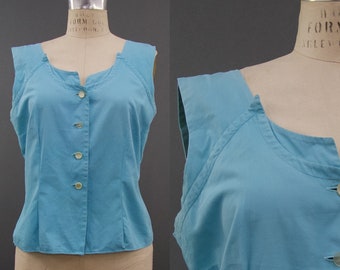 Vintage 1950s Turquoise Blue Cotton Blouse, Vintage Southland Fashions, 50s Cotton Blouse, Vintage Button Down Top, 50s Pin-up, Chest 40"