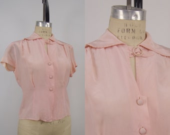 Vintage 1950s Soft Pink Satin Blouse, 50s Sheer Blouse, Vintage Buckle Collar, 50s Pin-up, Chest 38" Waist 32", SOLD AS IS