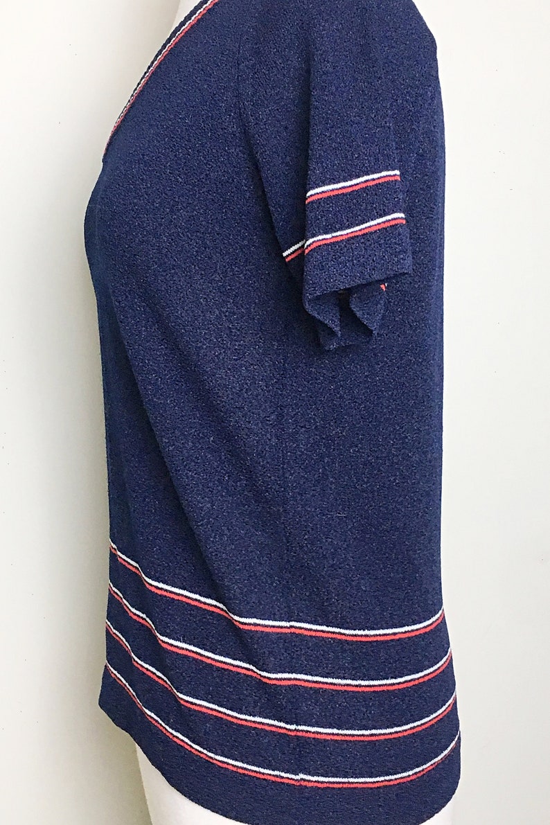 Sz Medium Vintage 1950s Blue V-Neck Blouse with Stripe Designs Mod Rockabilly Minimalist 1950s 50s Secretary