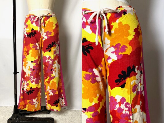 Vintage 1960s Pink Floral Leisure Pants, 60s Linen