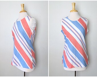 1970s Fairfield Sleeveless Striped Blouse, 1970s Union Made, Vintage 70s 60s, Boho Hippie Mod, Size Medium