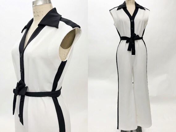 Vintage 1970s Caron Black & White Jumpsuit, 70s Tw