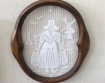 Vintage Dutch Lady Lace Wall Decor, Vintage Framed Cross Stitch Art, Vintage Holland Scenery Decor, Bohemian Eclectic Art