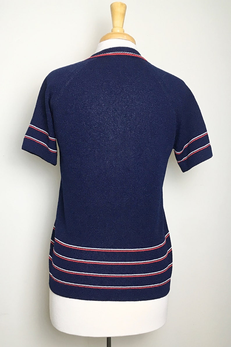 Sz Medium Vintage 1950s Blue V-Neck Blouse with Stripe Designs Mod Rockabilly Minimalist 1950s 50s Secretary