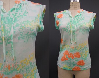 Vintage 1970s Vera Blouse, Vintage 1970s Floral Water Color Print Blouse, 70s Everyday, Boho Hippie, Size Small