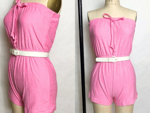 Vintage 1970s Hot Pink Terrycloth Romper Playsuit,