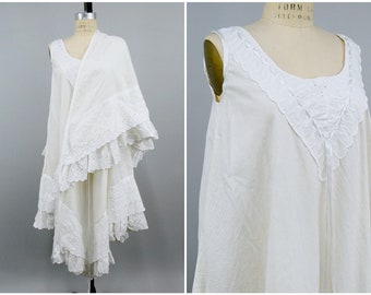 Vintage 1970s White Josefa Dress with Matching Shawl, 70s Eyelet Lace Dress, Josefa Diseños, Vibrant Mexican Dress, Folk Style, Size Sm/Med