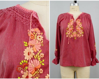 Vintage 1970s Deep Rose Pink Peasant Blouse, 70s Penny Lane, Vintage Hungarian Style Blouse, Boho Hippie, Size Sm/Med