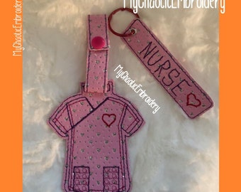 2 design set -NURSE scrubs scrub top bag tag and matching keyfob 5x7 - read instructions Key Fob Ring Digital file machine embroidery design