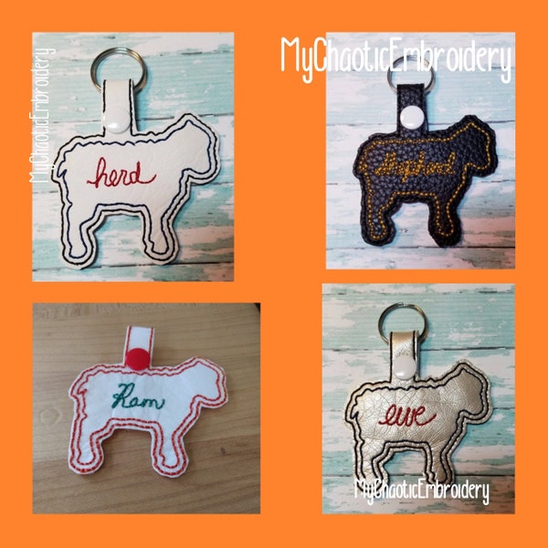 16 different word designs for the price of 3 - 4x4 Sheep Lamb - Keyfob Key Fob Ring Snaptab Designs - Digital file machine embroidery