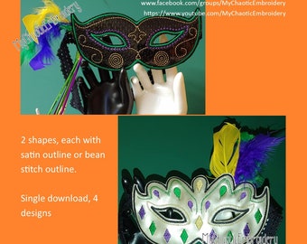 4 versions Mardi Gras mask set - satin OR bean outline stitching 5x7 applique ITH embroidery design Digital file machine embroidery applique