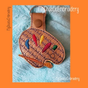 2 designs - Artist Paint Palette with and without brush - Key Fob Key Ring Snap Tab Designs - Digital file machine embroidery sketch design