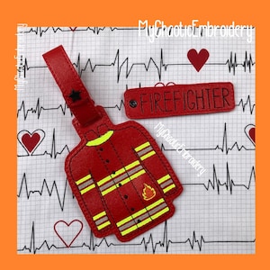 May include: Red firefighter jacket luggage tag with yellow reflective stripes and a flame design. The tag also includes a separate red tag that says "FIREFIGHTER".