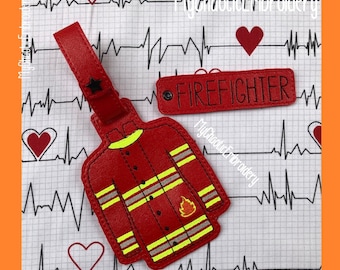 2 design set - Firefighter Fireman Jacket bag tag and matching keyfob 5x7 - read instructions Digital file machine embroidery design