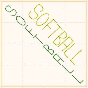 May include: A green and yellow embroidered design of the words "Softball" and "Baseball" intersecting at a 45-degree angle.