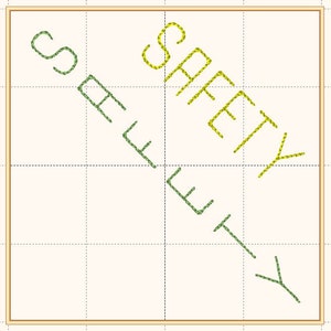 Può includere: Un'immagine quadrata con sfondo bianco e un motivo a griglia nera. La parola "SAFETY" è scritta in diagonale in filo giallo, e la parola "SAFETY" è scritta in diagonale in filo verde nella direzione opposta.