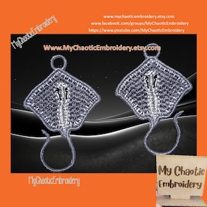 May include: Two gray embroidered stingray patches with a white outline. The patches are on a black background with a wavy orange border. The text "My Chaotic Embroidery" is at the bottom of the image.