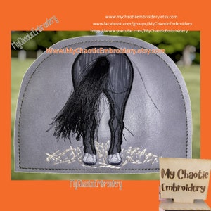 May include: Embroidered design of a horse's rear end with its tail flowing down. The design is on a gray fabric background. The text "My Chaotic Embroidery" is visible at the bottom of the image.