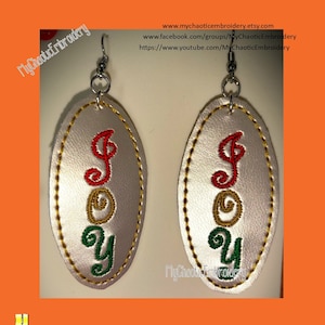 Christmas Joy oval Faux Leather Vinyl Earring Pattern - to be used with fish hook hardware - Digital machine embroidery