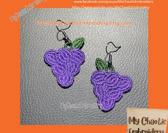4x4 FSL Free Standing Lace bunch of Grapes Earrings Pattern, fish hook hardware Digital machine embroidery