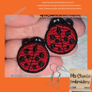 4x4 FSL Free Standing Lace Ladybug lady beetle bug Earrings Pattern, fish hook hardware Digital machine embroidery