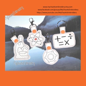 4x4 STEM science technology engineering mathmatics keyfob set of 4 snaptab designs -Digital file machine embroidery