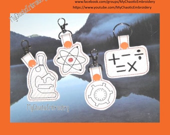 4x4 STEM science technology engineering mathmatics keyfob set of 4 snaptab designs -Digital file machine embroidery