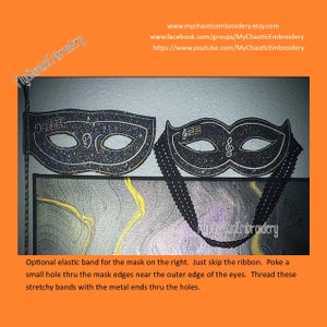 May include: Two black masquerade masks with glitter and musical notes. The mask on the right has an elastic band attached. The masks are on a white background.