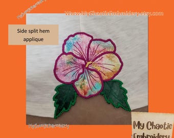 5x7 Hibiscus Flower Side Split Hem Applique Cutwork embroidery design Digital file machine