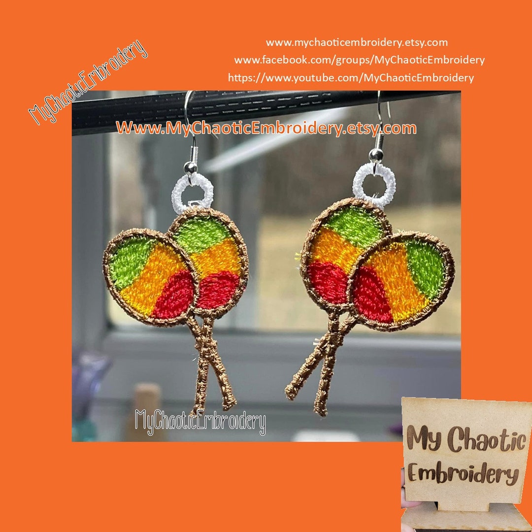 4x4 FSL Free Standing Lace Maracas Earrings Pattern, Fish Hook Hardware