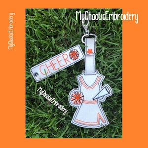 2 design set -Cheerleader Cheer Spirit  bag tag & matching keyfob 5x7 -read instructions Key Fob Ring Digital file machine embroidery design