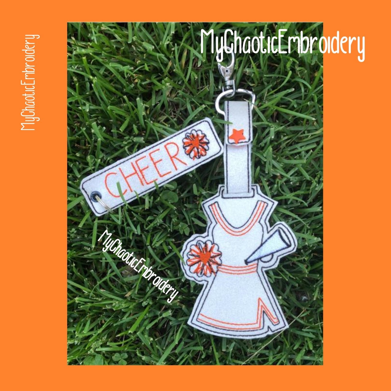 2 design set -Cheerleader Cheer Spirit  bag tag & matching keyfob 5x7 -read instructions Key Fob Ring Digital file machine embroidery design
