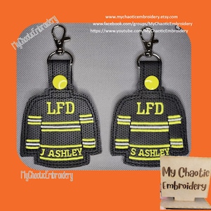 5x7, 2 in hoop, Firefighter jacket back keyfob snaptab designs - INSTRUCTIONS include alternatives -Digital file machine embroidery