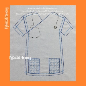 May include: Embroidered design of a blue medical scrub top with a stethoscope. The scrub top has two pockets and is outlined with blue stitching. The text "MyChaoticEmbroidery" is on the left side. Website and social media information is at the top.