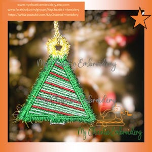 May include: Embroidered Christmas tree ornament. The green tree has red and white stripes and a gold-colored loop for hanging. The ornament is from My Chaotic Embroidery.