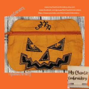 5x7 reverse applique jackolantern pumpkin zipper bag FULLY LINED no exposed seams - Digital machine embroidery