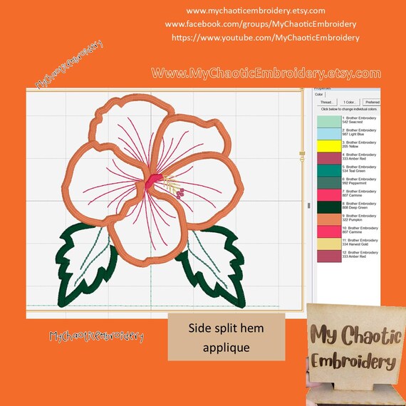 5x7 Hibiscus Flower Side Split Hem Applique Cutwork