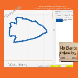 May include: A blue embroidery design of an arrow shape on a white grid background. The design is displayed on a computer screen with the text "MyChaotic Embroidery" and the number of stitches required for the design, 719.