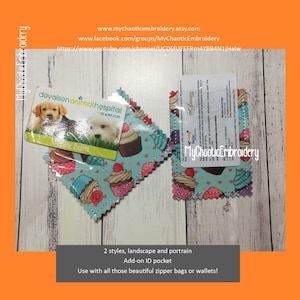 2 styles Gift card, ID, credit/debit card add-on pocket - use with zipper bag or wallet- Digital file machine embroidery
