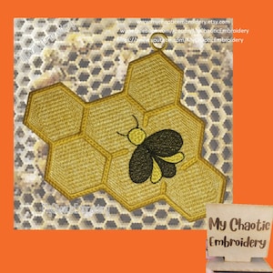 May include: A yellow honeycomb with a black and yellow bee embroidered on it. The honeycomb is on a grey background with a honeycomb pattern. The text "My Chaotic Embroidery" is in the bottom left corner of the image.
