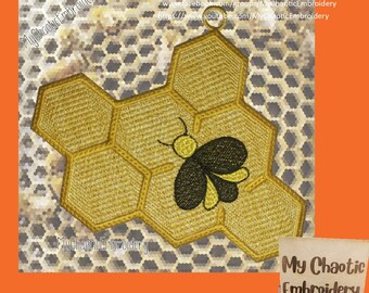 Diseño de bordado a máquina con encaje FSL independiente, diseño de panal con adorno de abeja, 3 tamaños: 4x4, 5x5, 8x8 - Archivo digital
