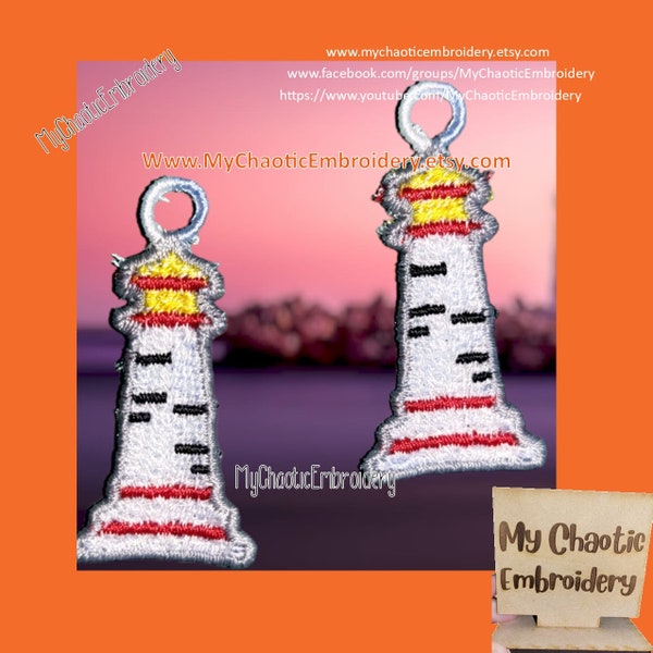 4x4 FSL Free Standing Lace Lighthouse Earrings Pattern, fish hook hardware Digital machine embroidery