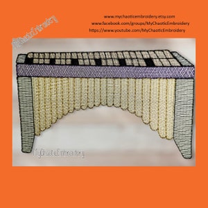 May include: An embroidered design of a xylophone with a purple top and black and white keys. The xylophone is made of yellow and white wood. The design is surrounded by the text "MyChaoticEmbroidery" and includes the website address "www.mychaoticembroidery.etsy.com".