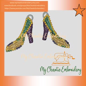 May include: Pair of embroidered high heels in purple, green, and gold. The heels have a decorative design and are set against a light gray background. The text "My Chaotic Embroidery" is also visible.