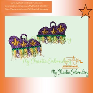 May include: Two purple and gold Mardi Gras themed embroidery designs with fringe. The designs feature the fleur-de-lis symbol and the words "Laissez les bons temps rouler".