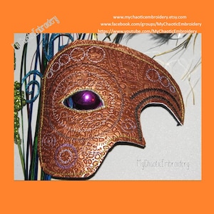 Steampunk Opera Mardi Gras half mask for 1/8&quot; dowel or wand 5x7 applique ITH embroidery design - Digital file machine embroidery applique