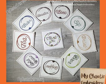 May include: A collection of white, square coasters with scalloped edges. Each coaster features a different beverage or message, such as "Water," "Wine," "Tea," and "Thank You," in various colors. The Etsy shop name is visible.