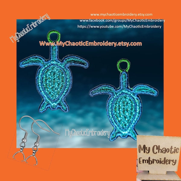 4x4 FSL Free Standing Lace Sea turtle turtles Earrings Pattern, fish hook hardware Digital machine embroidery